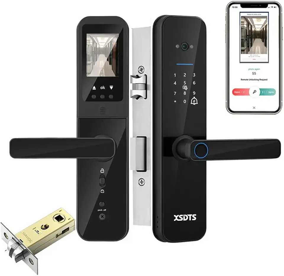 Fechadura Digital Inteligente Câmera e Campainha Eletrônica de Embutir Desbloqueio por Biometria, Senha, Cartão, Chave e Remotamente pelo App Tuya Wifi -Do Brasil (Preto, 22x200(5050))