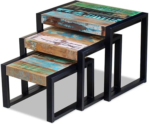 Miniatura 4 de WEMYUFURN Mesas anidables de tres piezas de madera recuperada maciza, mesas auxiliares, mesa de consola, mesa de entrada, tocador, mesa auxiliar