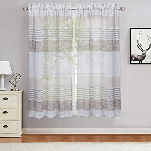 Haperlare Short Sheer Curtains 45 Inch, Splicing Striped Faux Linen Farmhouse Kitchen Tier Curtains Cafe Curtains, Yarn Dyed Boucle Window Treatment Set For Living Room, Taupe/Brown, Set Of 2 #TOP10