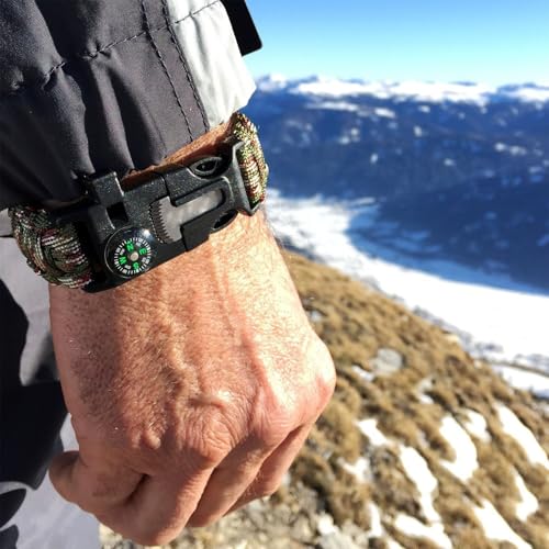 Pulseira de sobrevivência 5 em 1 – acionador de fogo, bússola, apito, ferramenta de corte, paracord