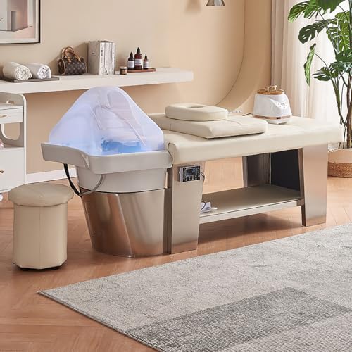 Image of Fumigation Shampoo Bed, Thai Premium Salon Shampoo Bed with Comfortable Headrest and Water Circulation Massage Table, Beige