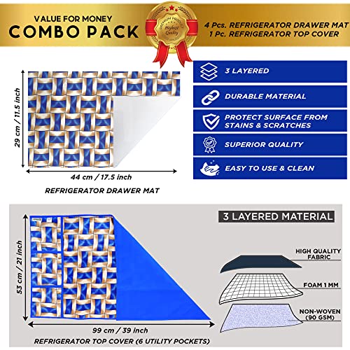Image of Polyester 3-Layered Fridge Top Cover /Refrigerator Cover with Utility Pockets and Set of 4 Pc Fridge Mats (Color-Blue, Size-39x21 Inches)