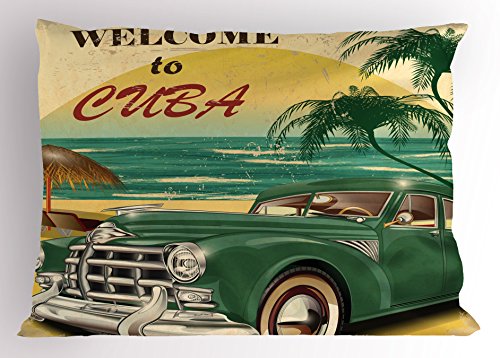 Lunarable Cars Pillow Sham, Vintage Vehicle Parked by The Exotic Beach Havana Cuba Summer Vacation Road Trip Theme…