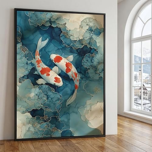 Toile de poissons Koi bleu abstrait motif floral avec cadre intérieur de 20x30cm