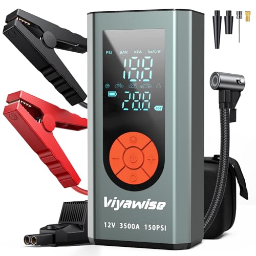 Portable Car Jump Starter with Air Compressor, 3500A Jumper Starter Battery Pack with 150PSI Tire Inflator,12V Jump Box for Charger with LCD Display (Up All Gas/8L Diesel Engine)