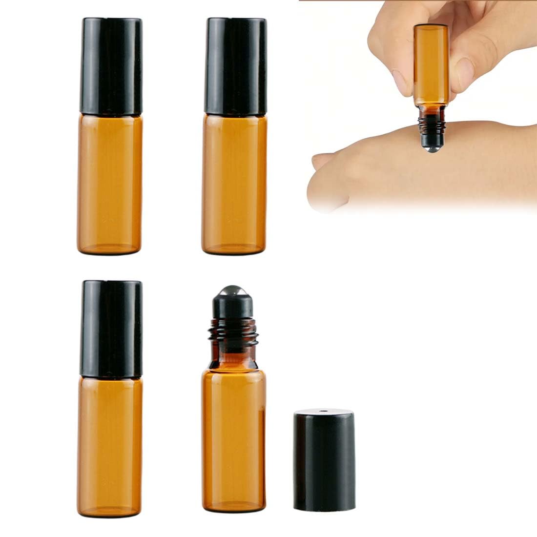 Roll on Essential Oli Oli,4 Pezzi Roll On Vuoto per Oli Essenziali 5ml, con sfera a rullo in acciaio inox, Riutilizzabile, Boccette Vetro per Oli, Profumi, Cosmetici, Aromaterapia