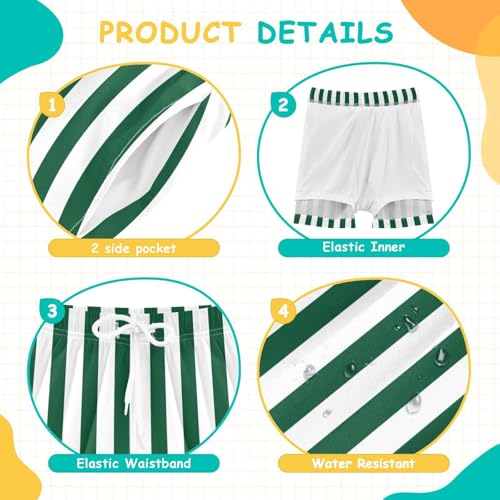 Dark Green White Stripes Boys Swim Trunks with Compression Liner Quick Dry Bathing Bottom Kids Beach Shorts4