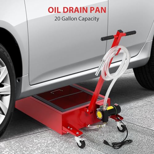 Image of GarveeTech 20 Gallon Oil Drain Pan Oil Drain Tank with 12V Electric Pump, 76 L Low Profile Oil Drain Pan, Oil Change Pan with T Foldable Hand and Wheels, 8 ft Hose Oil Drain Cart