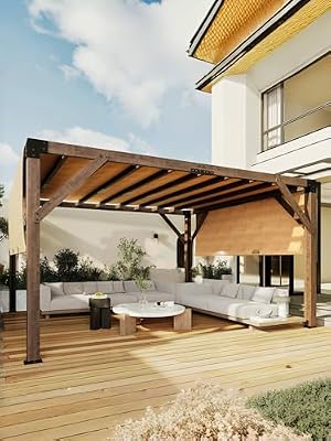 KYBOLT 12 X 14 Ft Wood Pergola with Retractable Sunshade Canopy, Solid Structure, Outdoor Pergola for Backyard, Deck, Garden (Reddish-Brown)