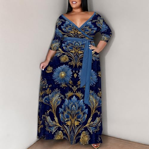 Image of SUZONANA Plus Size Maxi Dresses for Curcy Women Casual Loose 3 /4 Sleeve Long Dress with Belt