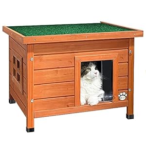 VOUNOT Casa para Gatos de Madera con Techo Asfáltico, Cabaña Mascotas Caseta Pequeña de Gatos con Ventana y Puerta 57x45x43cm