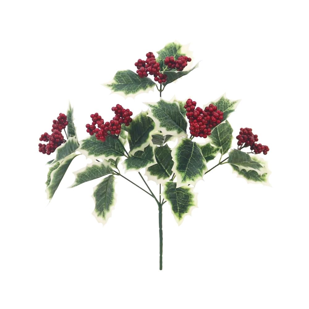 FloristryWarehouse Artificial Variegated Faux Silk Holly Red Berry Bush 36cm/14 Inches