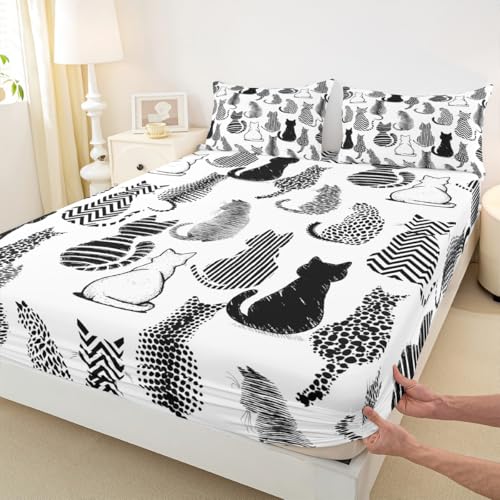 Image of Cat Kitten Silhouette Bed Sheet Queen Size,Striped Polka Dots Sheets,Cute Cat Pattern Bedding Sets (1 Fitted,1 Flat,2 Pillowcases) Luxury Deep Pocket Bed Sheets