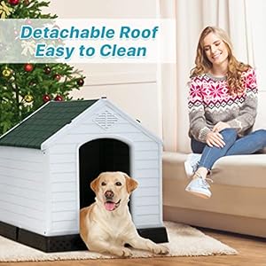 Large Dog House Indoor Outdoor Waterproof Ventilated Plastic Dog House Pet Shelter Cage with Ventilation and Elevated Flooring, Suitable for Small Medium and Large Dogs, Easy to Assemble, Green