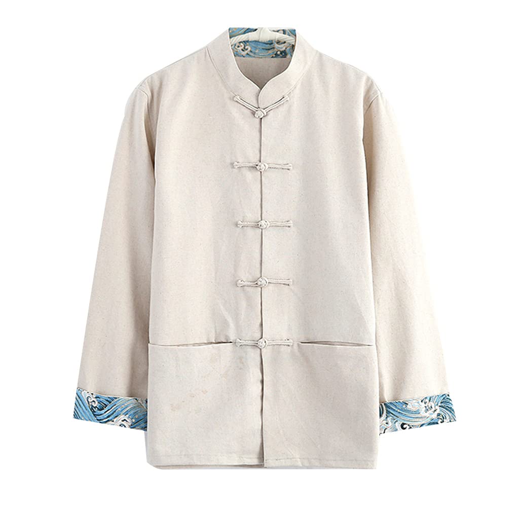 ZHOUXIAO Biancheria Unisex Tang Tang Suita Cinese Tradizionale Manica Lunga Kung Fu Camicia da Uomo Kung Fu Giacca Kung Fu, Biancheria di Cotone Tai Chi Uniform Uniforme, Han Beige-L
