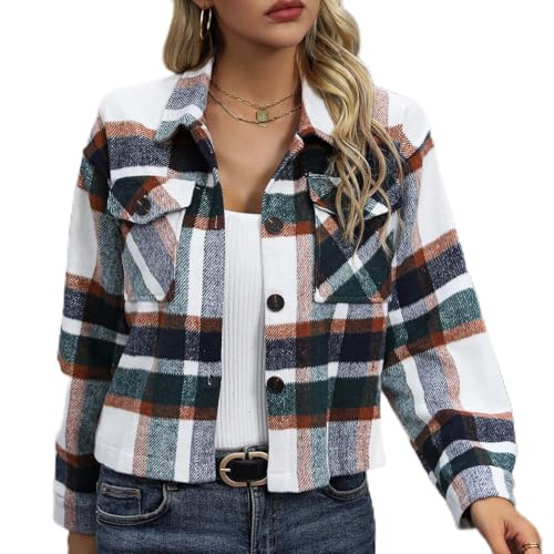Veste courte à carreaux manteau à carreaux élégant col rabattu manches longues