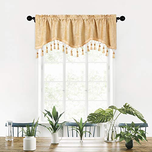 ELKCA Double-Sided Chenille Scalloped Valance for Kitchen Gold Curtains Valance for Living Room,Pack of 1 (Gold, 52" W x 18" L)
