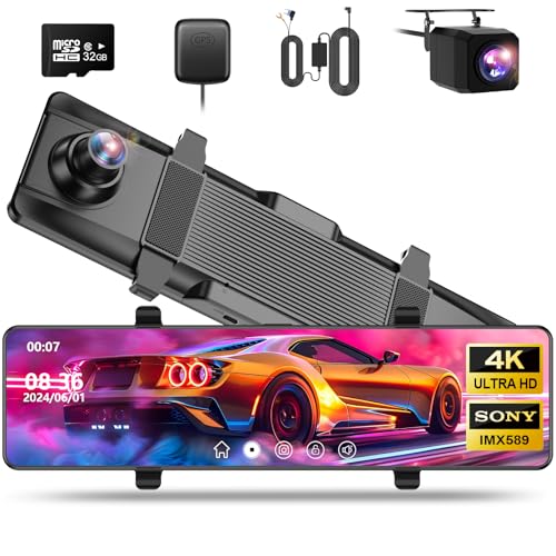 ドライブレコーダー ミラー型【2024年 4K画質アップグレード・12インチ超大画面】 前後 2カメラ Super星光暗視 伸縮式 右側カメラ仕様 170°広角 IMX589センサー タッチパネル HDR/WDR 夜間撮影対応 自動緊急録画 駐車監視 リバース連動 動体検知 LED信号機対応 バンド式装着 GPS 32GB 右ハンドル日本車対応 12V 24V対応 説明書