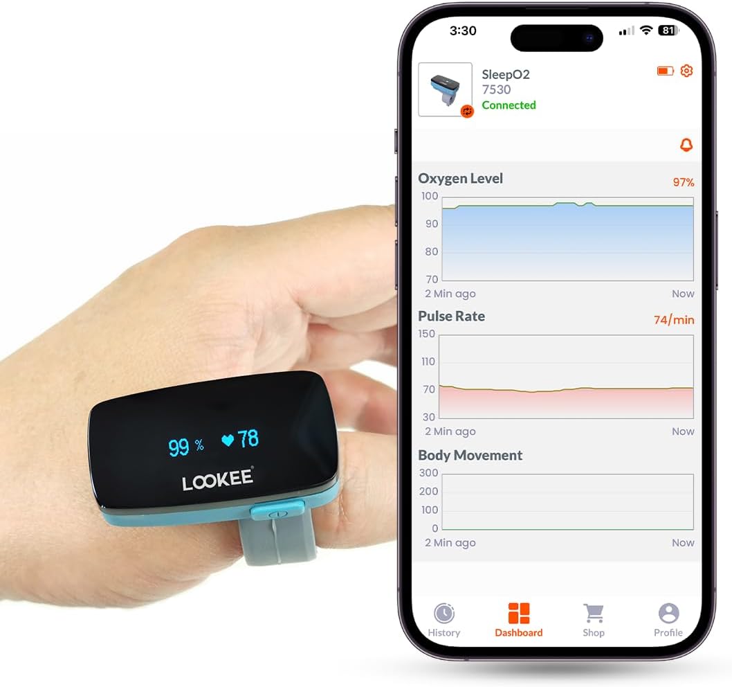 LOOKEE Ring Continuous Pulse Oximeter - Wearable Oxygen Monitor with Vibration Reminder for Low O2 - Rechargeable Blood Oxygen Saturation Tracker for SpO2 & PR - Free APP with Reports