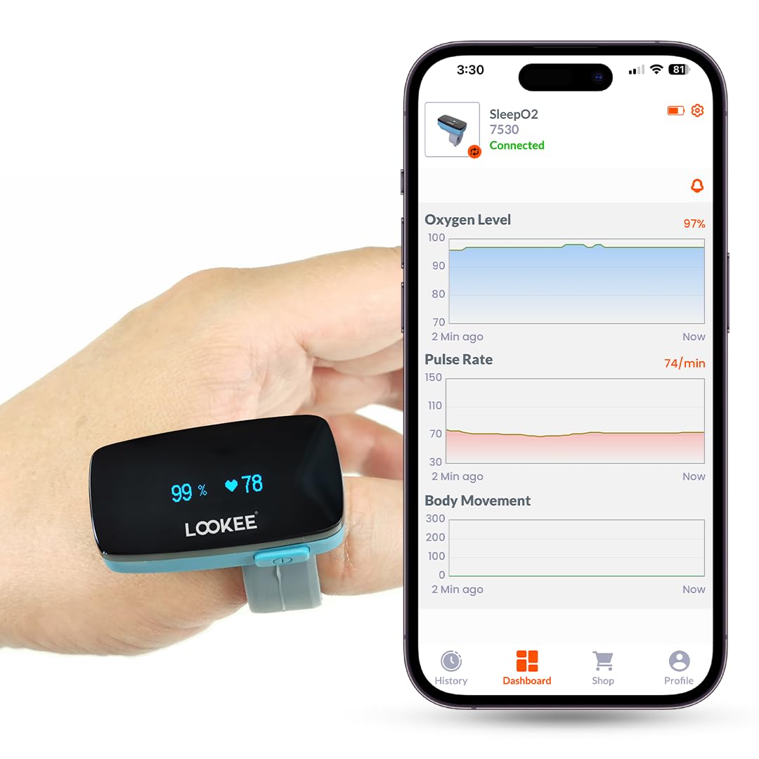 LOOKEE Ring Continuous Pulse Oximeter - Wearable Oxygen Monitor with Vibration Reminder for Low O2 - Rechargeable Blood Oxygen Saturation Tracker for SpO2 & PR - Free APP with Reports
