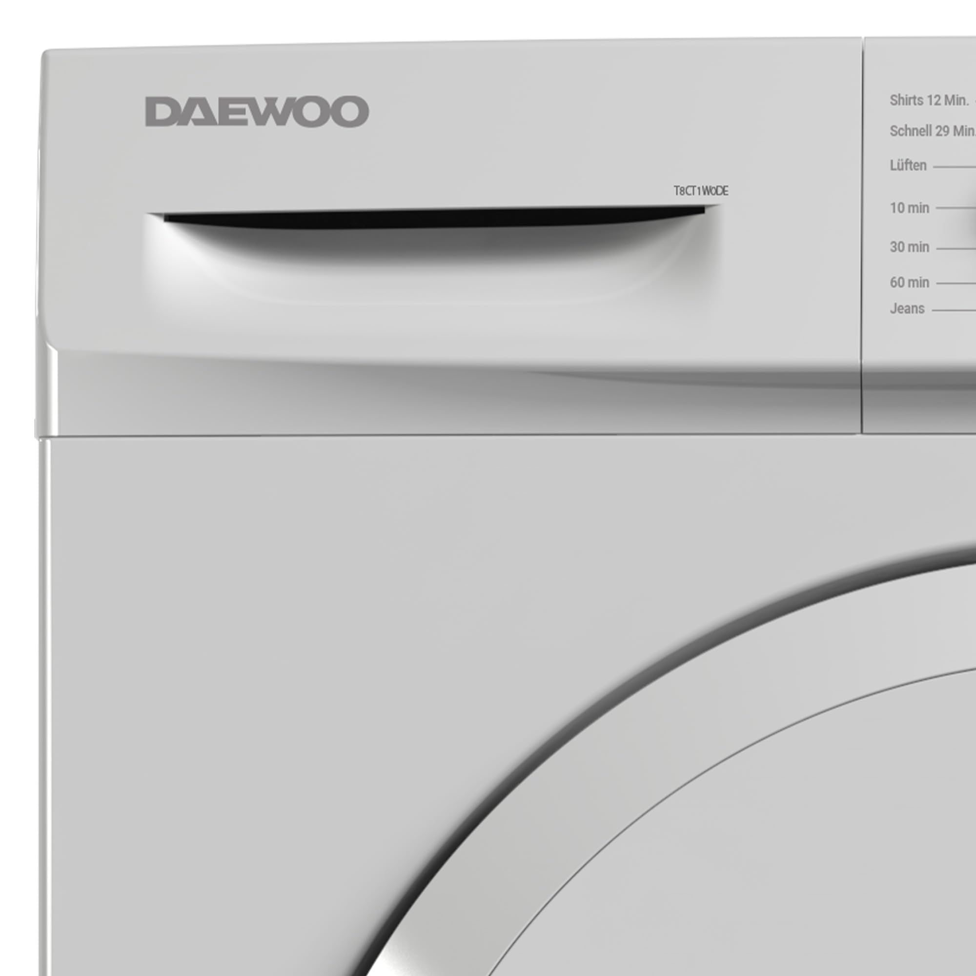 Daewoo T8CT1W0DE Kondenstrockner Frontlader, G, 8 kg, 15 Programme mit 12 Min.-Kurzprogramm, Startzeitvorwahl, LED-Trommelbeleuchtung, Weiß