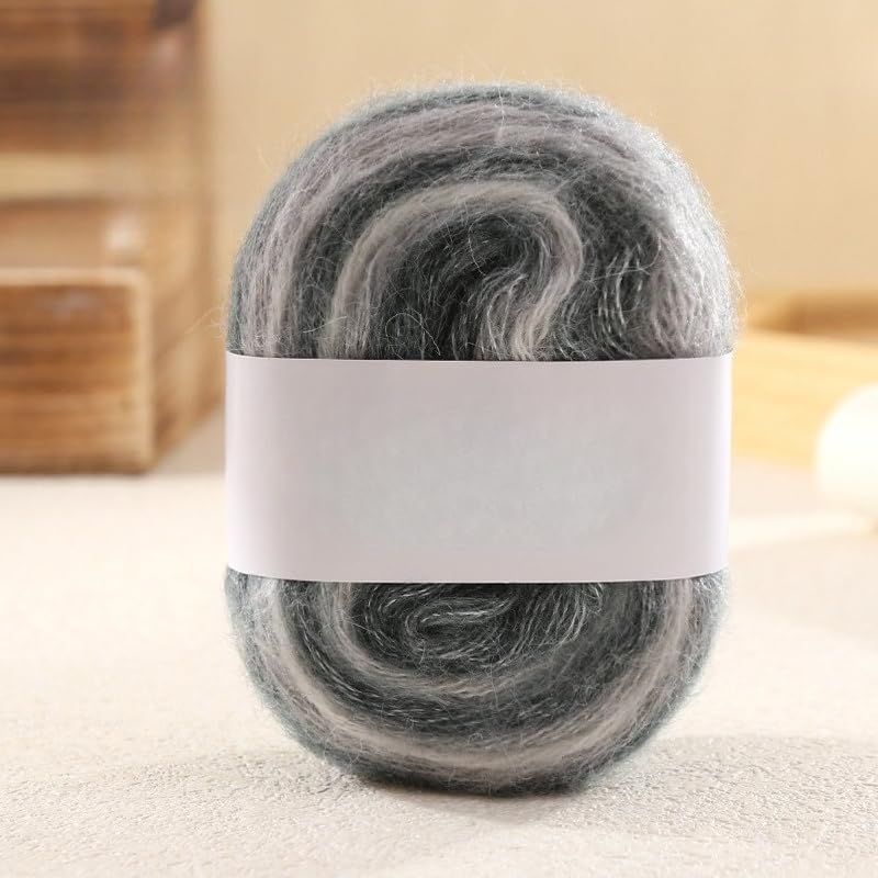Hand-Dyed Silk Mohair Yarn, Blended Yarn for Knitting and Crochet, Soft Wool Blend for Scarves, Shawls, and Garments (Grey)