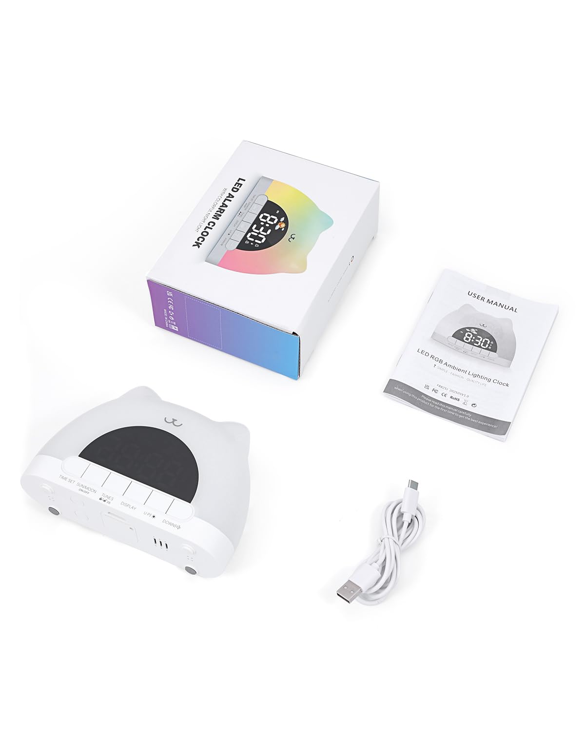 Reveil Enfant Educatif Jour Nuit, Reveil Lumineux avec Veilleuse 11 Couleurs RGB, Snooze, 2 Alarme, Réveil Numérique pour Enfants avec Lune et Soleil, Entraîneur de Sommeil Fille Garçon