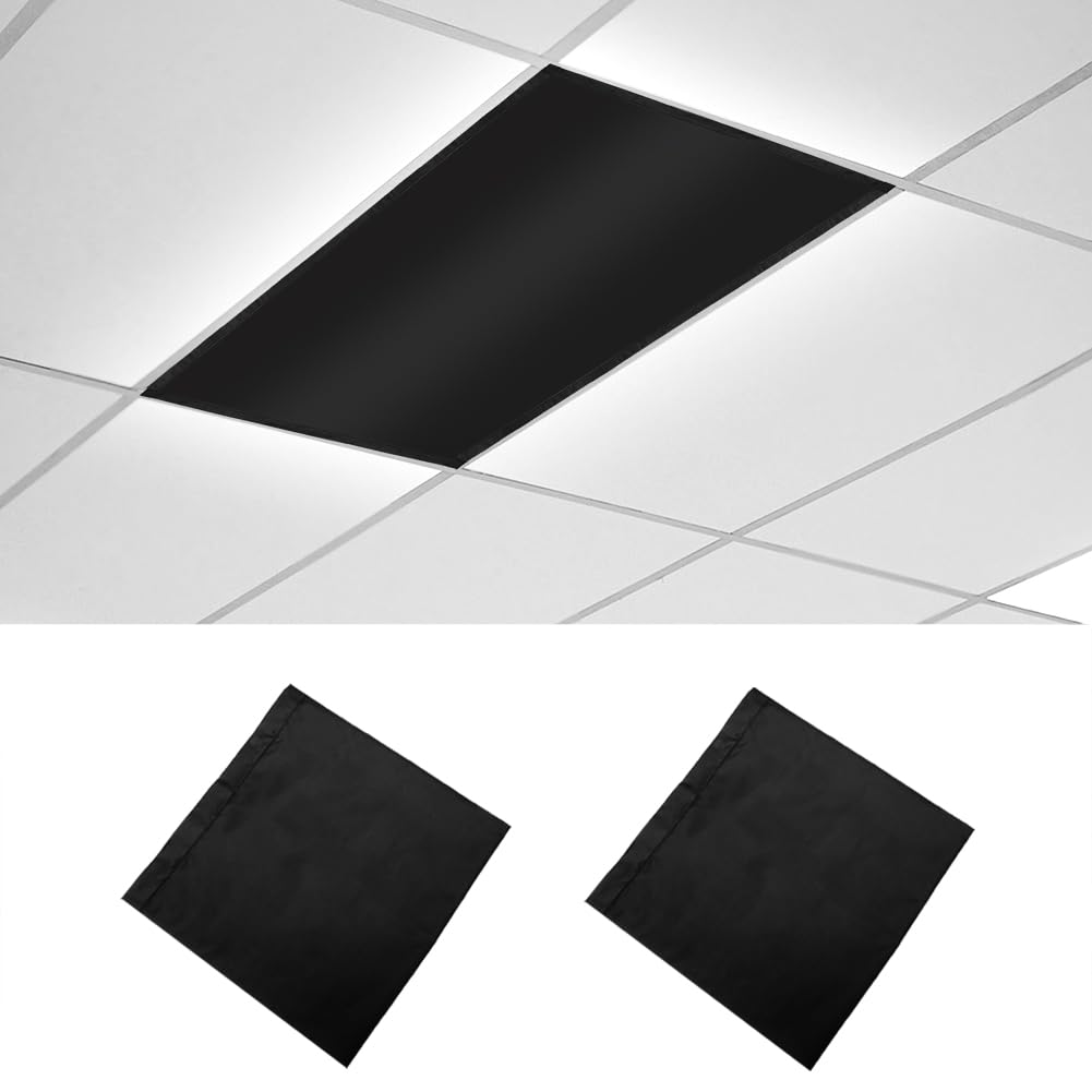 Photo 1 of 2 Pcs Fluorescent Light Covers, 4 x 2 Feet Magnetic Light Covers for Ceiling Lights Shade Panel, Drop Ceiling Light Filters Covers for Office Classroom School Home, Polyester Fabric Material, Black