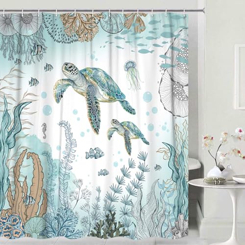 Image of Sea Turtle Shower Curtain, Funny Sea Animals Summer Nautical Shower Curtains for Kids, Teal Blue Ocean Beach Coastal Decorative Bathroom Curtain Sets Waterproof Fabric Machine Washable with Hooks