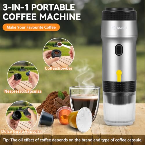 Image of Portable Espresso Machines, Electric Espresso Maker with Self-Heating, USB-C & Car Charger, 20 Bar Mini Coffee Maker With NS Capsule & Ground Coffee for Camping, Hiking, Travel, Office, Silver