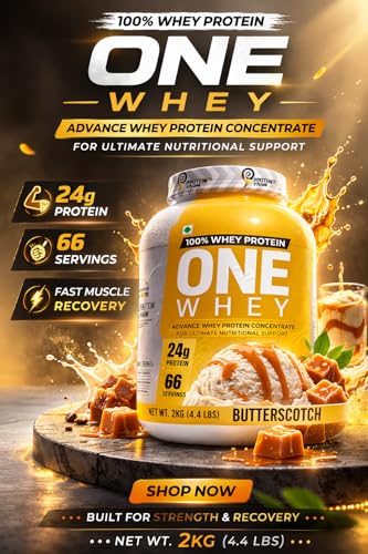 Image of PROTEINFARM ONE WHEY Protein Powder | butterscotch, 2KG | Blend of Whey Concentrate, Whey Isolate) | 24g Pure Protein Per Scoop | BCAA for Quick Muscle Recovery