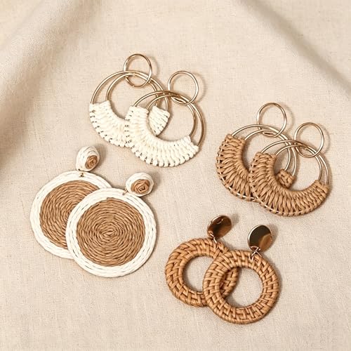 Image of 4 Pairs Handmade Raffia Rattan Bohemian Round Drop Dangle Earrings for Women, Boho Statement Cute Fun Hoop Earrings Set