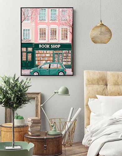 Image of Eiazuiks Stamping Cross Stitch Kit, Green Bookstore Counting Cross Stitch Kit for Adult Beginners, Full Line DIY Stitching Kit for Home Decor Cross Stitch Patterns 12x16 inches