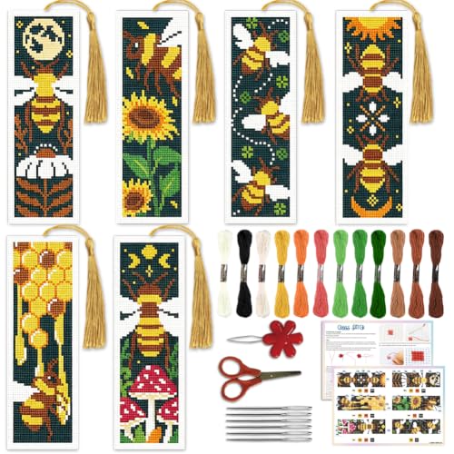Image of ACRNIGHEET 6PCS Cross Stitch Bookmark Kit for Beginner Stamped Cross Stitch Kits for Adults Retro Bee DIY Tassel Embroidery Bookmark Kits Needlepoint Kit with Instructions Craft Gift 8.5''x3'' 11CT