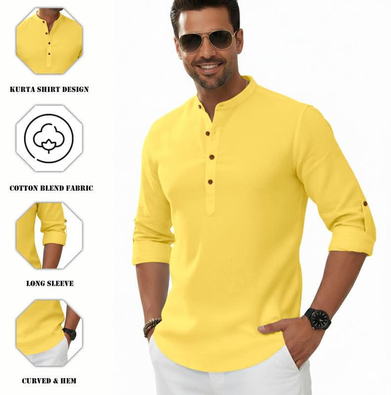 Image of Macsivo Men's Cotton Blend Solid Short Kurta with Regular Lenth Mandarin Neck Full Sleeves and roll-up tab| Kurta Style Shirt for Men