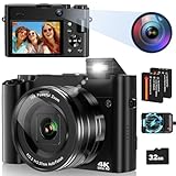 Digital Camera, 4K 64MP Autofocus Vlogging Camera for Photography and Selfies, Compact Camera with 32G SD Card 3'' LCD Screen 16X Digital Zoom Anti-Shake Flash Camera for Beginners Adults