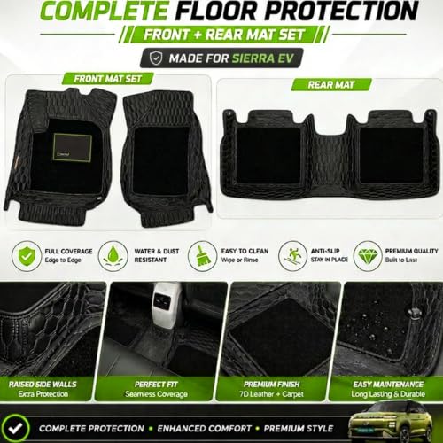 Image of EV MASTER Premium 7D Car Floor Mat Full Set for TATA Sierra EV Hybrid (2026 Onwards) Luxury Leather Double Car Foot Mats Complete Set of 3, Waterproof and Washable