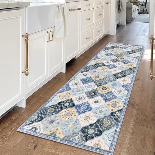 KILOCOCO 2x6 Runner Rug, Moroccan Super Soft Washable Hallway Entryway Runner Rug, Accent Print Faux Wool Kitchen Runner Rug 6 Feet Non-Slip Boho Rug Runner for Bedroom, Beige Blue/Yellow/Multi