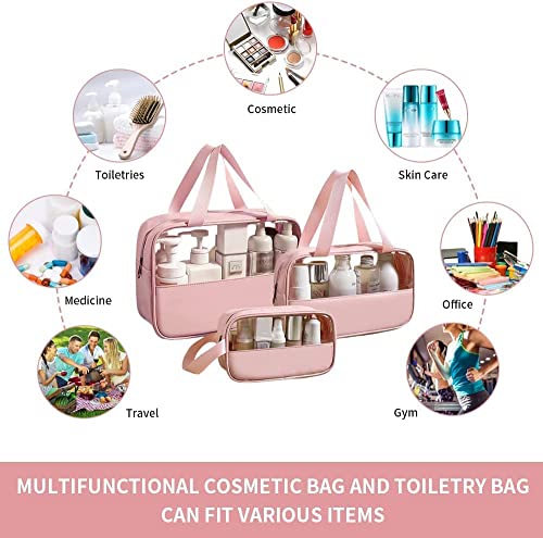 Image of Waterproof Toiletry Bag for Men and Women Travel Toiletry Bag Transparent Makeup Bag Hanging Cosmetic Organizer Bag (Set of 3 Bag) (Pink)