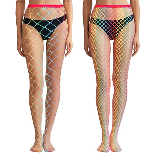 Coume 2 Pcs Rainbow Fishnet Stockings for Women Halloween Rainbow Clothing Accessories Lgbtq Accessories Gay Pride Gifts Stretch Fishnet Stockings for Halloween Party Cosplay