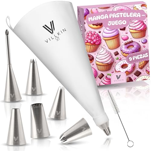 Villkin Juego de manga pastelera de 9 piezas con boquillas de acero inoxidable y manga de 34 cm – Reutilizable y apta para lavavajillas – Ideal para tartas, cupcakes y galletas