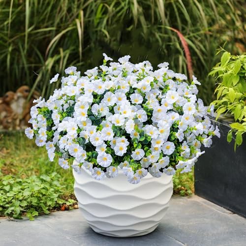 Artificial Flowers for Outdoors16 Bundles of UV-Resistant Silk Morning Glory with Eucalyptus-Realistic Faux Plants as Perfect Filler for Home Planter Porch & Garden Decor (White) image 4