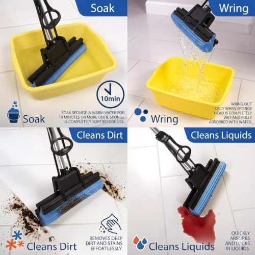 Image of Sponge Mop Squeeze Mop with Adjustable Telescopic Handle Squeegee Absorber PVA Sponge Floor Clean for Home, Kitchen & Bathroom Single Roller Both Sides Multicolor.