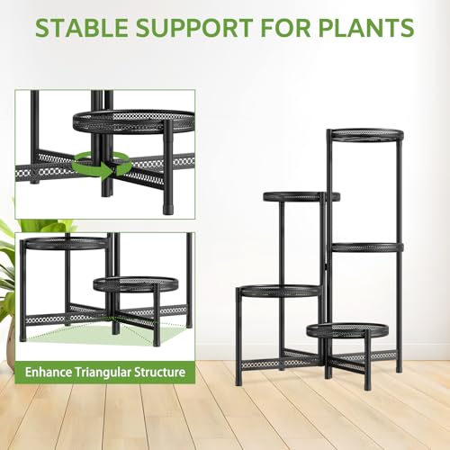 Image of iDavosic.ly 5 Tier Large Plant Stand Indoor with 10-Inch Wide Drainage Tray, Tiered Corner Metal Outdoor Flower Display Holder Shelf, Folding Tall Rack for Patio Porch Balcony, Black Iron Carving