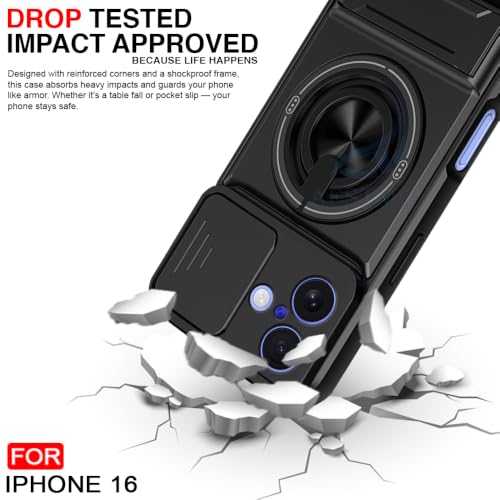 Image of AESTMO iPhone 16 Back Cover | Armor Camera Slider 360 Degree Rotating Finger Ring Holder Case with Bracket Stand Back Case Cover (Compatible with MagSafe Accessories) (Black)