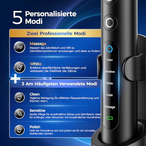 Elektrische Zahnbürste mit Rundkopf – 50.000 Bewegungen/Min, 8 Bürstenköpfe, 3 Intensitäten & 5 Modi, 120 Tage Akku, IPX7, Reiseetui & Wandhalterung, für Erwachsene & Kinder