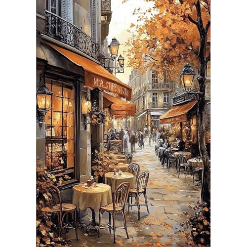 NEWENMO DIY Café de París Diamond Painting Adulto,Calles Francesas Pintura de Diamantes,5D Paisaje Urbano Diamond Art Kit,Retro Dibujo con Diamantes,para Principiantes Decoración del Hogar,30x40cm