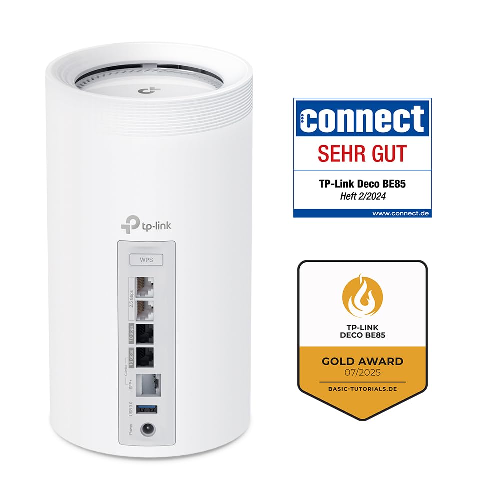 TP-Link Deco BE85 Wi-Fi 7 Mesh WLAN-Set, BE19000 Tri-Band-Router und Repeater (10 Gbit/s Ethernet/Glasfaser-Port, 19 Gbps Wi-Fi-Geschwindigkeit, WPA3, 320 MHz Kanäle, 6 GHz)