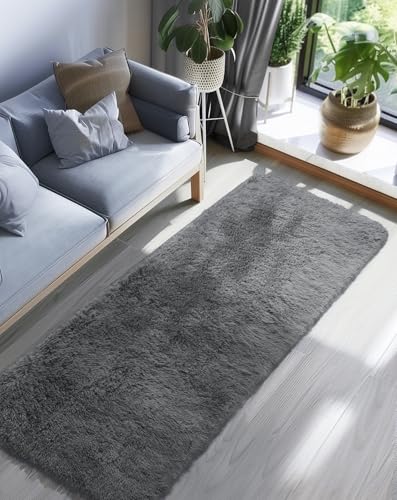 Image of Ophanie 2x8 Runner Rug for Hallway, Upgrade Non-Slip Fluffy Soft Bedside Rugs, Bedroom Living Room Grey Shaggy Gray Carpet for Kids Dorm Home Decor with Over 99 pcs Pile fibers