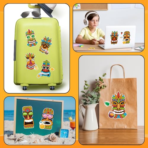 Image of Summer Stickers, Make a Tiki Face Sticker, Tropical Hawaiian Stickers | 24 Sheets Make Your Own Tiki Sticker for Kids Summer Luau Party Favors Decoration